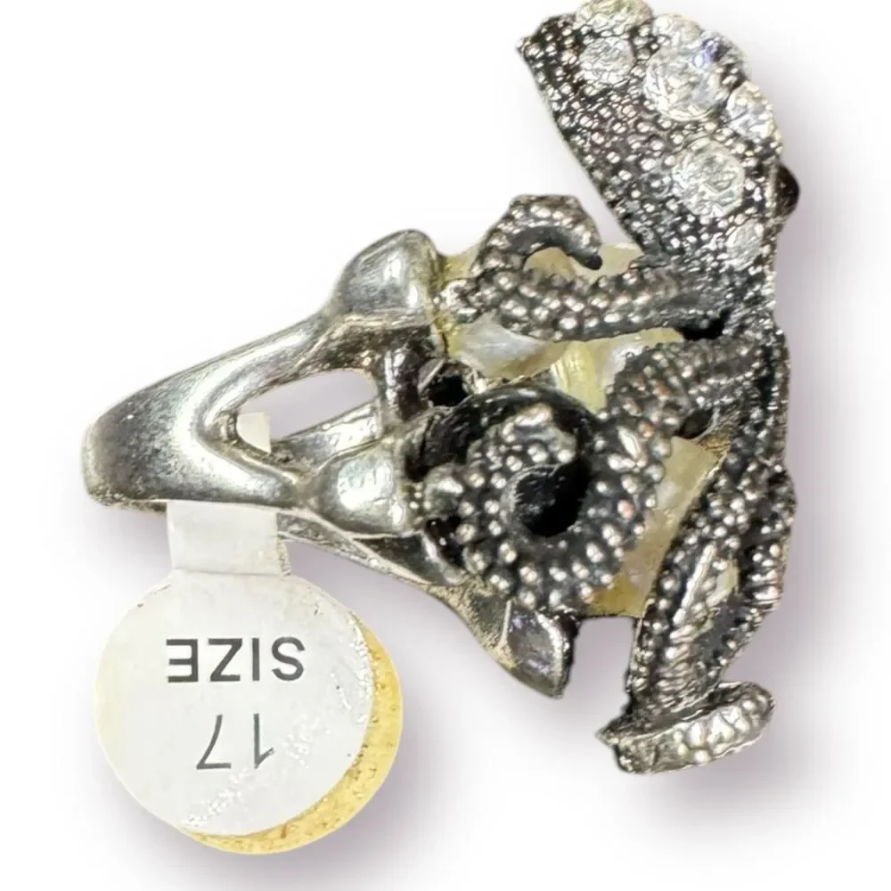 Silver Octopus‎ Multi Color Pearl Ring Vintage Size 17 Retro Rhinestone Gothcore